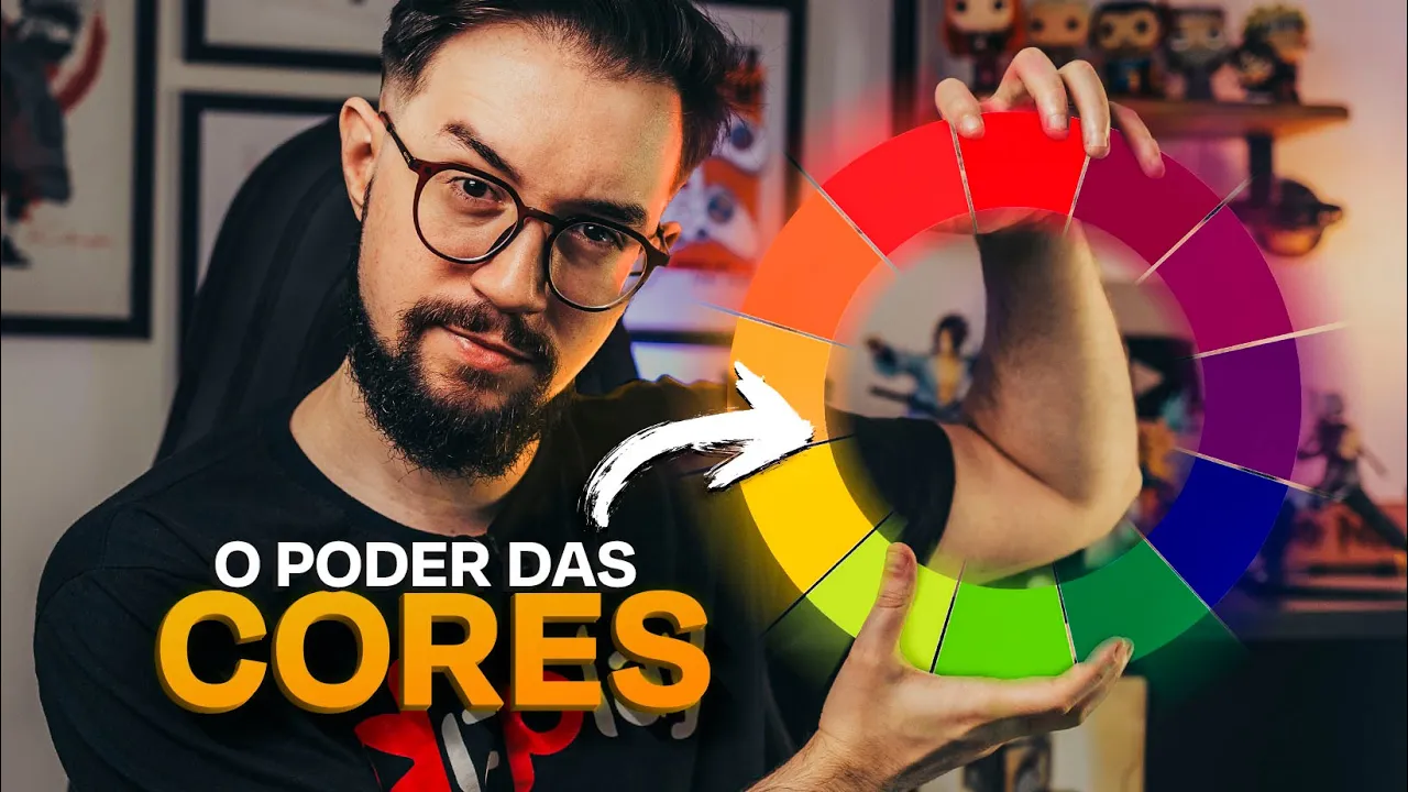 Leonardo Bonetto segurando um círculo cromático com o texto "O poder das cores"